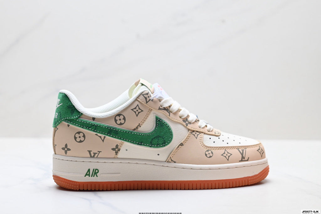 Nike Air Force 1 Low Beige Green Monogram Print Unisex Sneakers Style 12